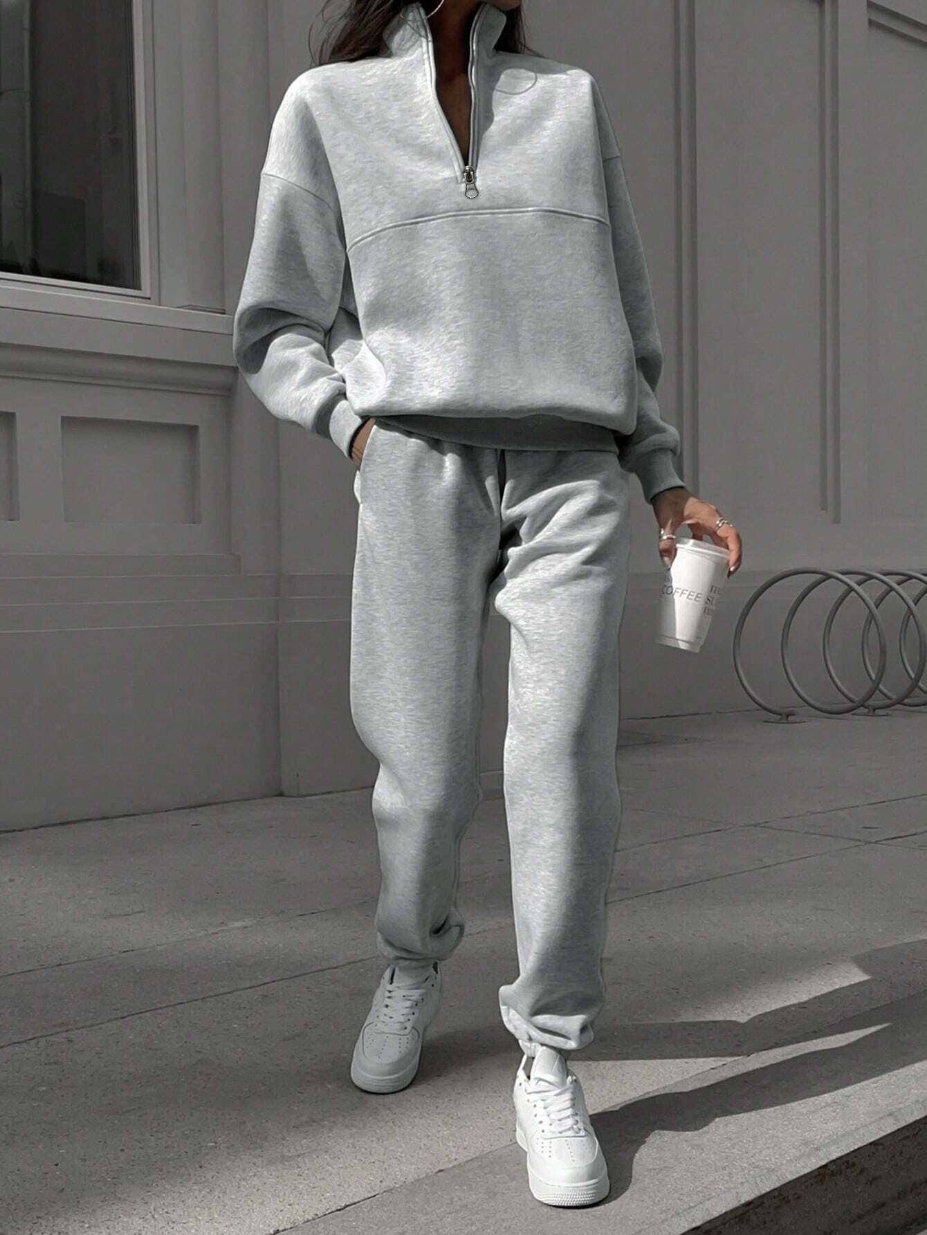 SHEIN X Carly Lawrence Women's Half-Zip Hoodie and Jogger Pants Two-Piece Set