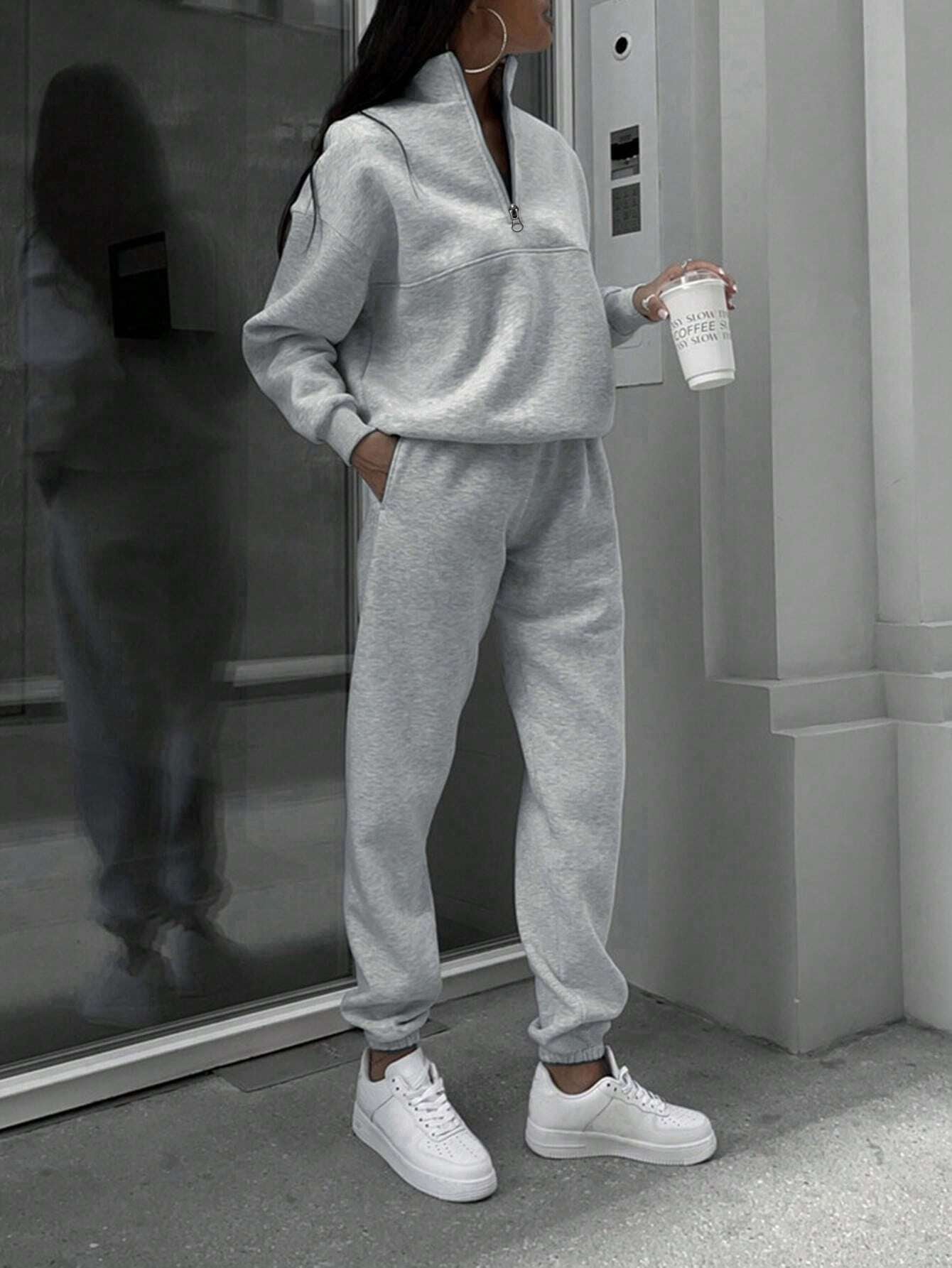 SHEIN X Carly Lawrence Women's Half-Zip Hoodie and Jogger Pants Two-Piece Set